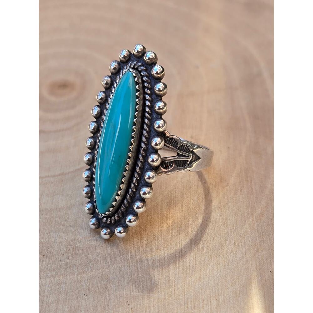 Vintage Navajo Fred Harvey Era 925 Sterling Silver Elongated Turquoise Ring, 7 - Picture 6 of 9